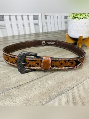 Ridge Western Leather Belt Hand Tooled Floral Brown Two Tone Engraved Buckle L